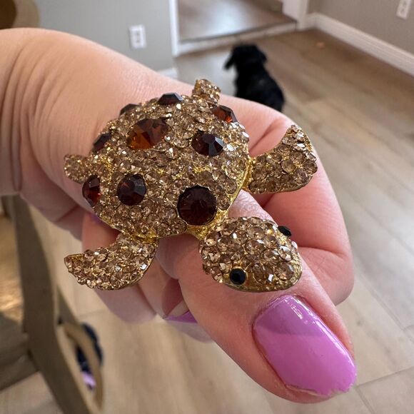 Turtle Ring Statement Sea Turtle Rhinestone Sparkling Ring Adjustable - Picture 4 of 4